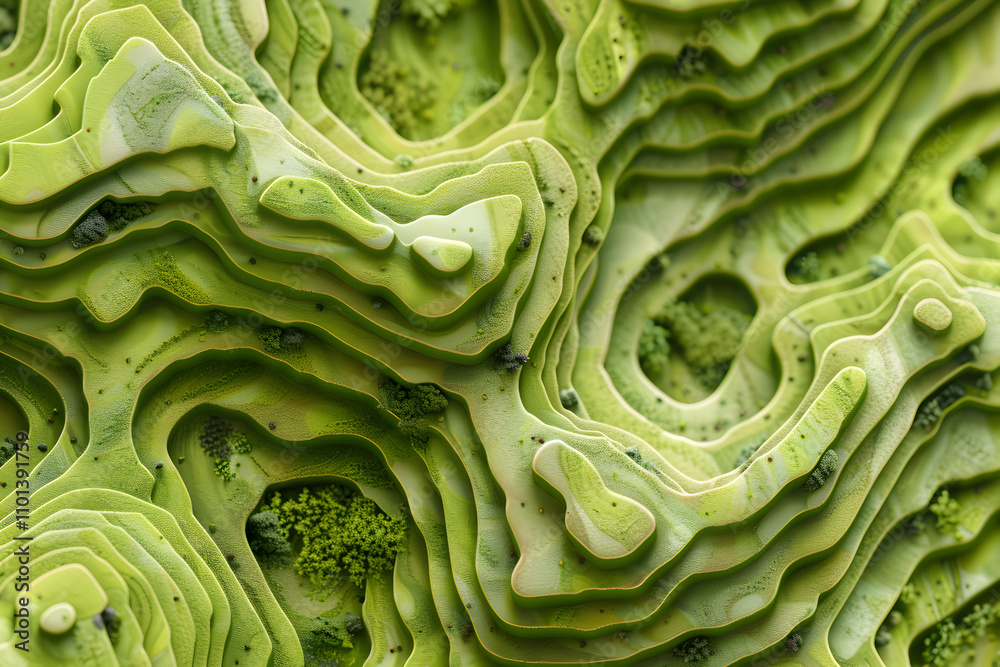 Obraz premium 3d rendering of a vibrant green terrain, featuring undulating hills, valleys, and stylized topographic vegetation