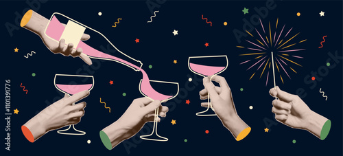 Hands with trendy halftone effect holding a glass of champagne, sparkler.  New Year and Christmas holiday party. Vector collage elements, greeting card, invitation, banner.