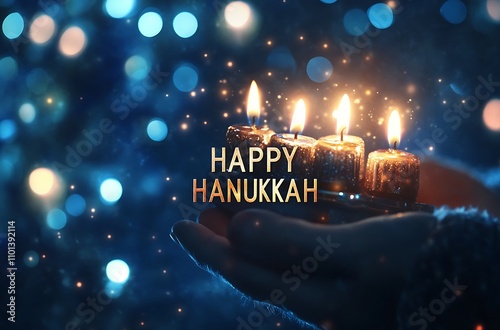 Happy Hanukkah Greeting with Glowing Candles and Festive Light photo