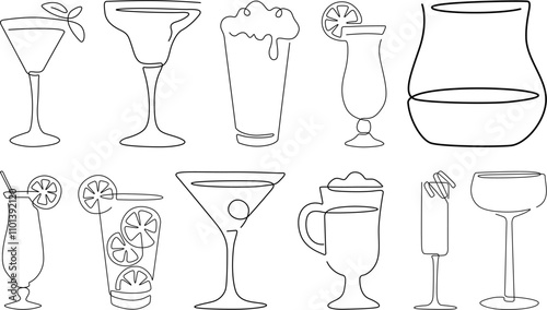 Set of drink glasses, including martini, margarita, beer, whiskey, and cocktail designs, ideal for bar branding, party themes, and drink menu illustrations, one-line vector art