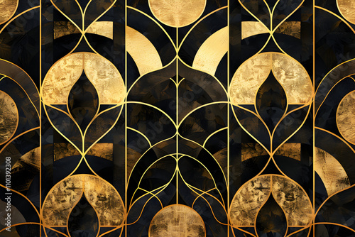 Luxurious and elegant art deco pattern with repeated gold geometric shapes and lines on a dark background