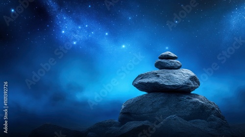 Stacked Rocks Under Starry Night Sky Representing Balance and Tranquility