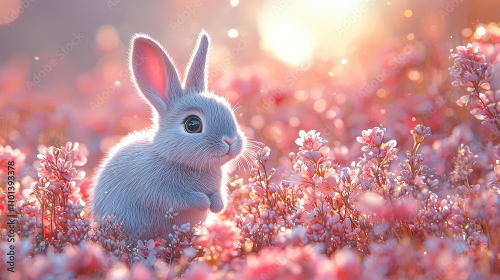 Cute Fluffy Bunny Rabbit in Vibrant Floral Meadow Under Bright Sunlight Cute Fluffy Bunny Rabbit in Vibrant Floral Meadow Under Bright Sunlight