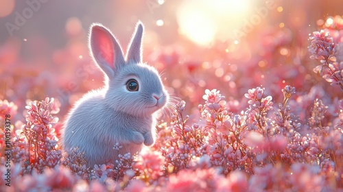 Cute Fluffy Bunny Rabbit in Vibrant Floral Meadow Under Bright Sunlight