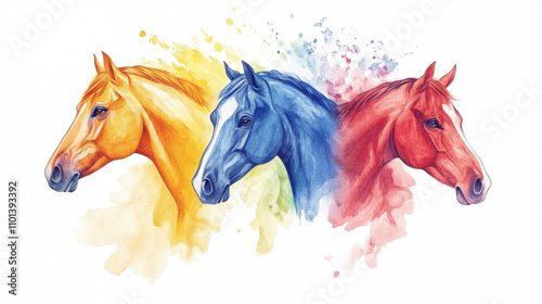 National Horse Protection Day Colorful watercolor horse trio with vibrant abstract background for creative design photo