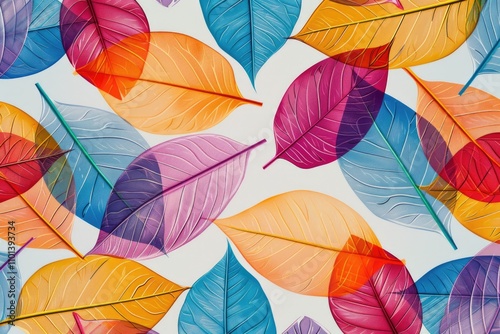 Colorful translucent leaves arranged on a white background, creating a vibrant and artistic pattern.