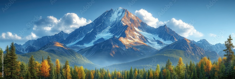 Fototapeta premium Majestic Mountain Peak Under Ethereal Glow with Autumn Trees and Stunning Landscape in Clear Blue Sky