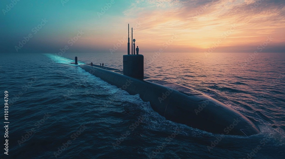 Fototapeta premium National Submarine Day Majestic Submarine Emerges at Sunset on Tranquil Sea