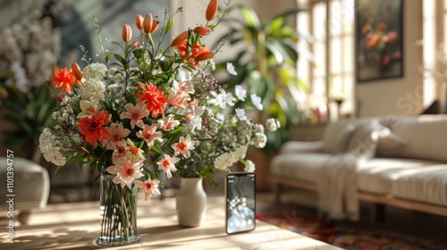 Wallpaper Mural A cozy living room with vibrant flower arrangements and a modern smartphone on a wooden table. Torontodigital.ca