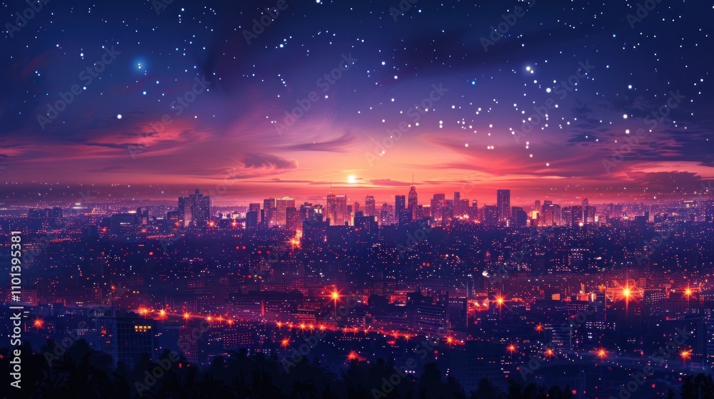 Naklejka premium A vibrant city skyline at sunset, illuminated by lights against a starry sky.