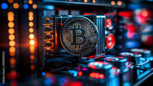 Bitcoin themed GPU rig with vibrant lighting and technology elements photo