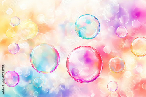 Vibrant watercolor illustration of colorful soap bubbles floating, symbolizing playfulness, creativity, and lighthearted joy. 