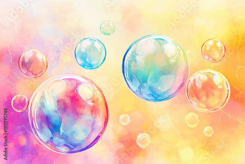 Vibrant watercolor illustration of colorful soap bubbles floating, symbolizing playfulness, creativity, and lighthearted joy. 