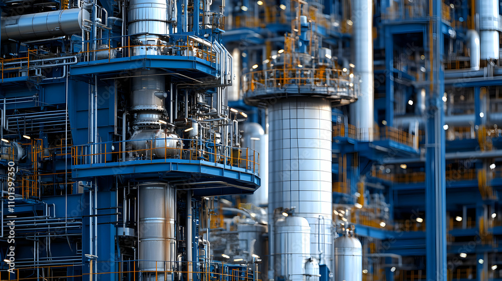 Industrial Refinery, Complex Network of Pipes and Towers, Detailed View of Modern Petrochemical Plant Equipment Industrial Refinery, Complex Network of Pipes and Towers, Detailed View of Modern Petrochemical Plant Equipment