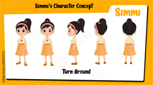 A girl cartoon character turn arround sheet AKA Simmi, little girl cartoon vector.