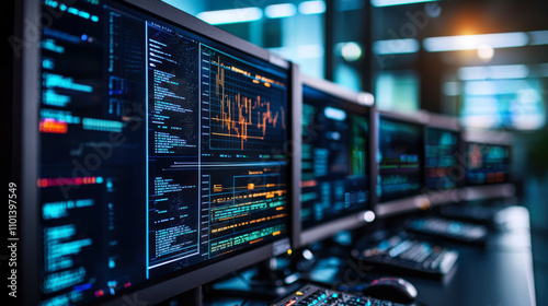 Wallpaper Mural High tech computer monitors displaying data and analytics in modern office Torontodigital.ca