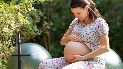 Pregnant Woman on Exercise Ball Outdoors, Embracing Health and Wellness photo