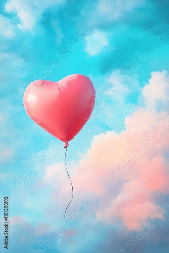 Floating Pink Heart Balloon in Blue Sky with Fluffy White Clouds, Symbol of Love, Romance, and Valentine’s Day Celebration, Vertical Wallpaper.