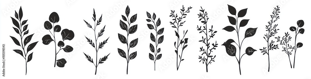 Fototapeta premium Minimalist Black and White Silhouette Illustrations of Various Botanical Stems with Leaves Generative AI