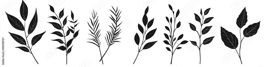 Fototapeta premium Silhouette botanical illustrations of various leaves and branches with berries in black on a white background Generative AI