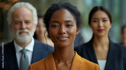 Confident woman in business attire presenting to colleagues. Suitable for professional presentations, diversity in the workplace, and leadership concepts. Generated AI