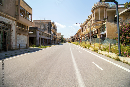 Street view of abandoned buildings in the Varosha (Kapali Maras) ghost town, Cyprus	