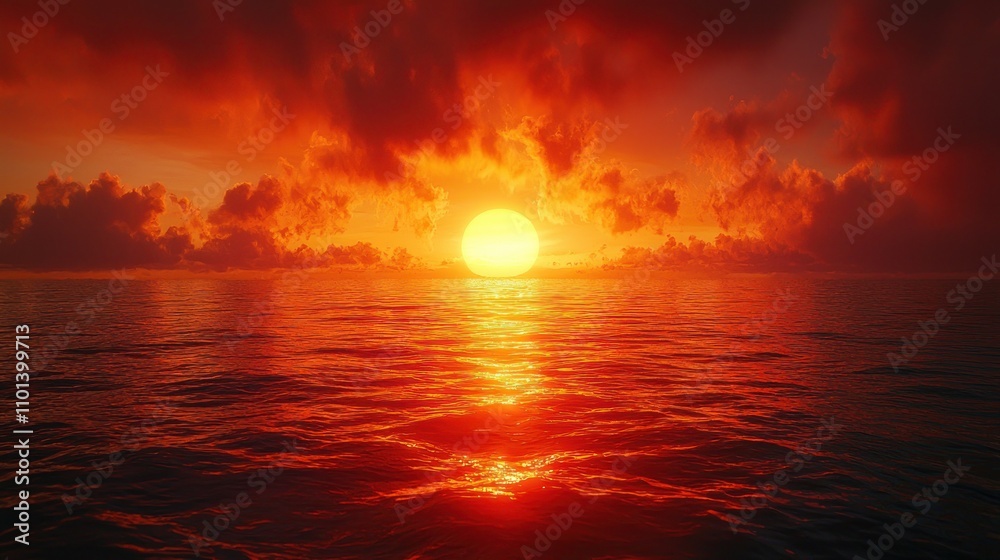 Fototapeta premium Fiery orange sunset over calm ocean with volcanic smoke rising from distant island Generative AI