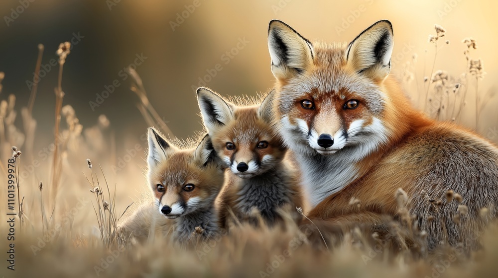 Fototapeta premium Close-up of a red fox family sitting in a natural habitat with two cubs beside an adult fox in a grassy field during a warm-colored sunset.