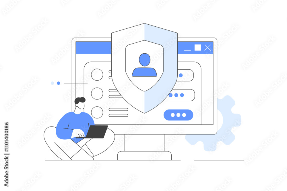Cybersecurity. Character using cyber security services to protect private personal data. Shield With Computer shield. Flat Cartoon Vector Illustration, icon. Stylish abstract Cybersecurity. Character using cyber security services to protect private personal data. Shield With Computer shield. Flat Cartoon Vector Illustration, icon. Stylish abstract
