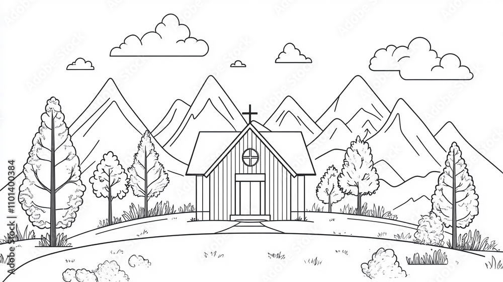 Minimalist Line Art of a Mountain Chapel and Forest
