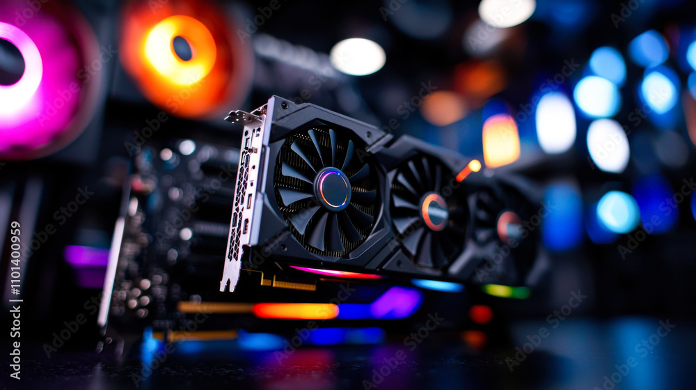 Fototapeta premium close up of GPU with colorful lights and fans, showcasing technology