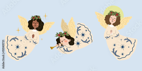 Merry Christmas and Happy New Year greeting card. Collection of a little girl angel. Cute little angels with gold nimbus and wings. Vector illustration in retro flat style for Xmas holiday greeting