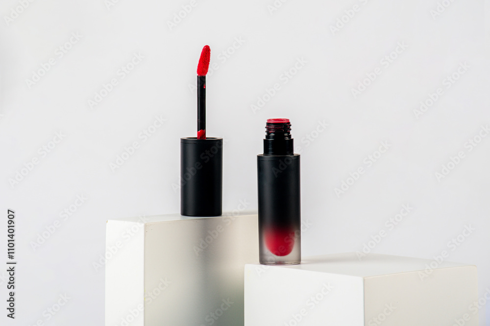 Mockup of black blank thin tube - mascara, lip gloss, gel, eyeliner, oil, etc. Cosmetic package with stylish props on white background. Mockup of black blank thin tube - mascara, lip gloss, gel, eyeliner, oil, etc. Cosmetic package with stylish props on white background.