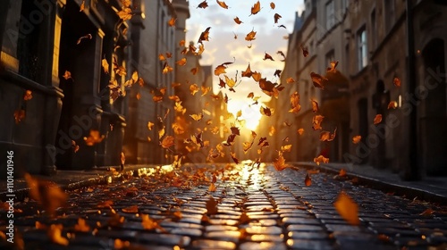 Beautiful Autumn Leaves Dancing in the Air Against a Cobblestone Street at Sunset, Capturing the Essence of Fall in a Charming Urban Setting