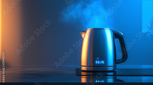 Electric glass kettle boiling water on a kitchen countertop, with steam rising in a modern kitchen illuminated by a soft blue glow.