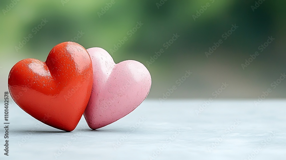 Fototapeta premium Two hearts intertwined, one vivid red and the other bright pink, symbolizing love and happiness on Valentine's Day.