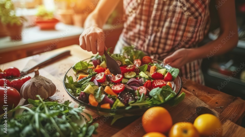 Fototapeta premium A person preparing a colorful salad with fresh vegetables in a cozy kitchen setting.