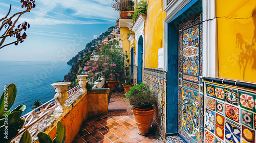 Italian coast landscape, Amalfi beach and colorful ethnic ceramic tiles. Summer, sea life. 300 DPI