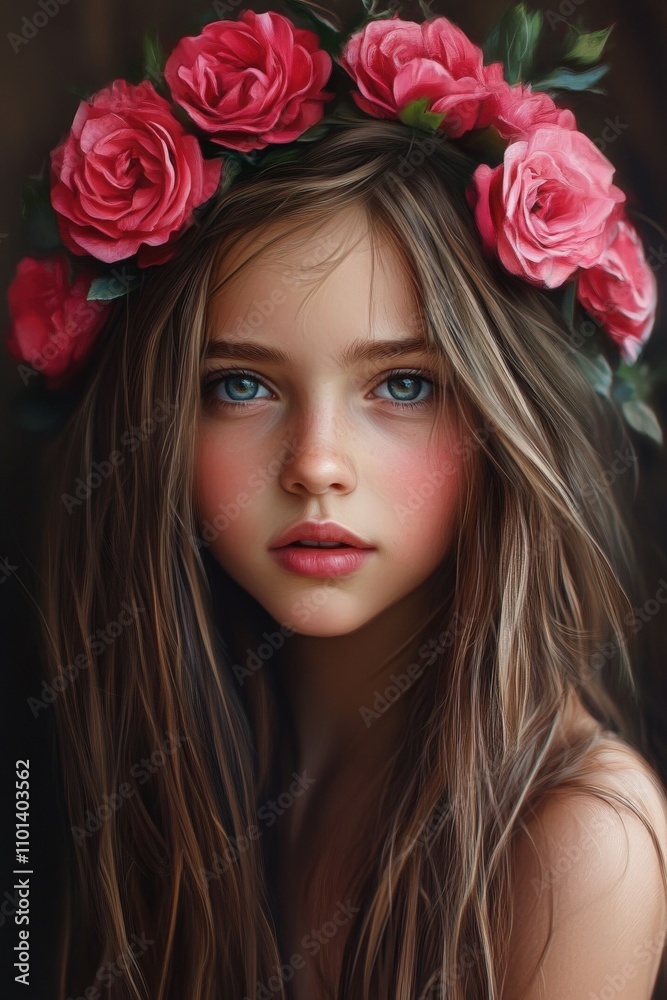 Young girl with flower crown posing against a dark background Young girl with flower crown posing against a dark background