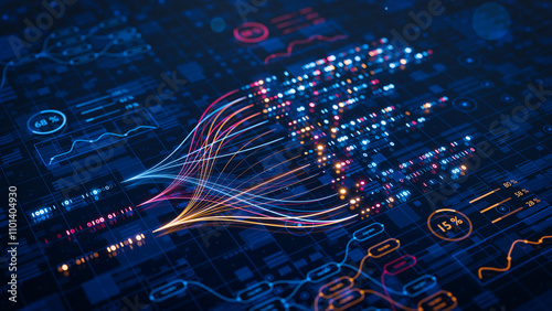 AI powers big data analysis and automation workflows, showcasing neural networks and data streams for business. Artificial intelligence, machine learning, digital transformation and tech innovation.