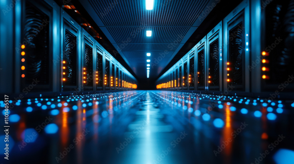 Fototapeta premium Futuristic data center with glowing servers and blue lights