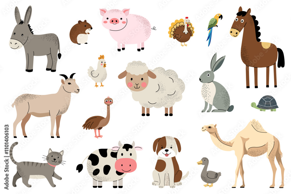 Obraz premium Cute farm animals set. Goat, pig, horse, cat, cow, ship. Flat set of home animals, pets.