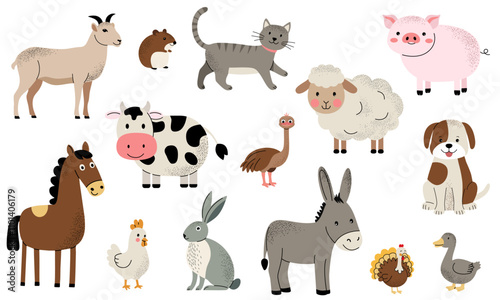 Flat set of home animals, pets. Cute farm animals set. Dog, pig, horse, cat, ostrich, cow, ship.