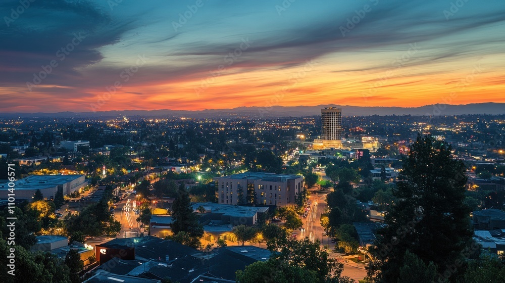 Fototapeta premium Sunset Cityscape Illuminates Suburban Nighttime Streets