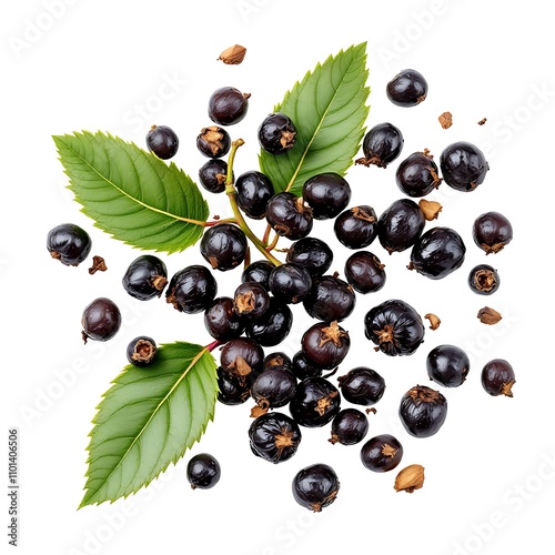 Black Peppercorns with Leaves Isolated on Transparent or White Background