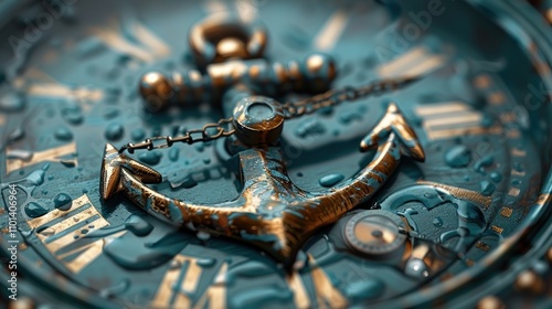 A close-up of a decorative anchor clock with water droplets, showcasing intricate details. photo