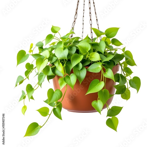 Golden pothos vine trailing from a hanging basket on white