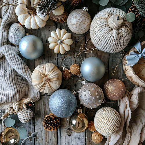 Rustic Holiday Nostalgia,Timeworn vintage ornaments, such as cracked glass spheres, delicate tin shapes, and threadbare fabric decorations, scattered on an aged wooden table.Top Down View.