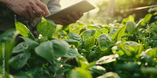 Collaboration and technology in vegetable farming for sustainability, featuring a satisfied manager and farmer utilizing digital tools for agriculture and e-commerce