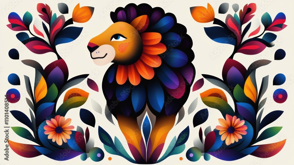 custom made wallpaper toronto digitalVibrant lion folk art surrounded by colorful flowers and leaves